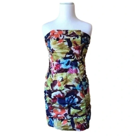 BB Dakota Ruched Abstract Floral Strapless Cotton Dress Size 4 - Picture 7 of 7